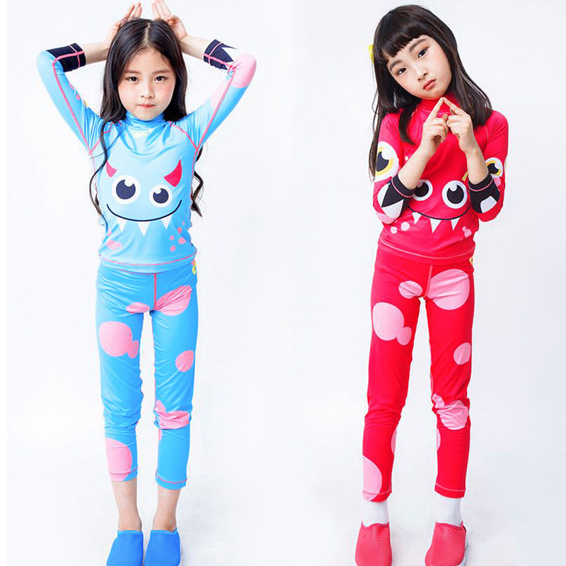 亦浪儿童女孩小中童夏天长袖长裤防晒分体游泳衣可爱小魔女童印花