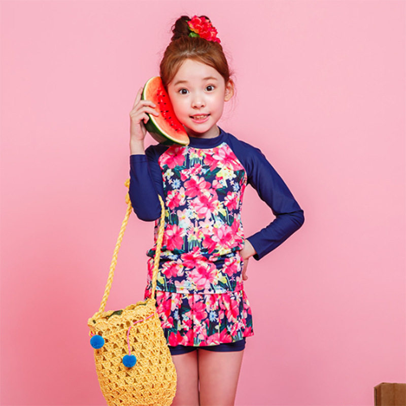 亦浪儿童小童中大童女孩游泳衣防晒长袖裤裙式分体可爱美丽大红花