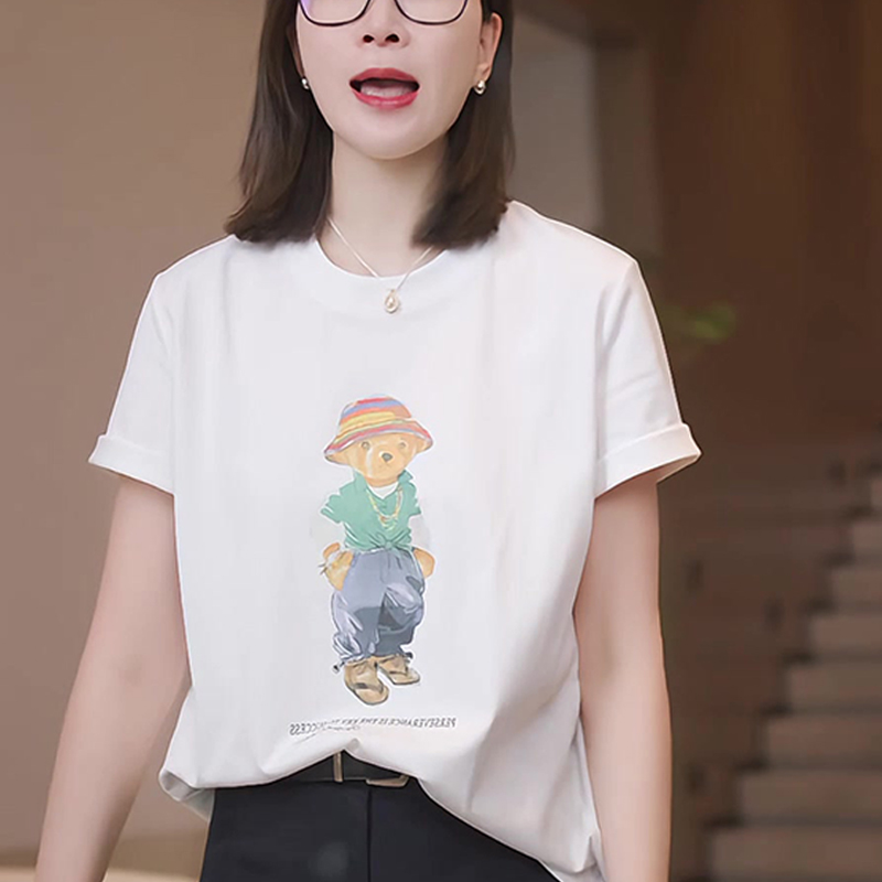 休闲洋气减龄卡通小熊印花圆领短袖t恤女春夏季新款宽松上衣