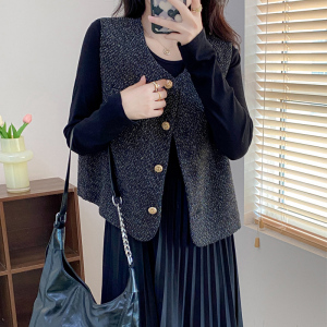 小香风黑色长袖连衣裙女2023秋冬打底裙子新款气质百褶马甲套装裙