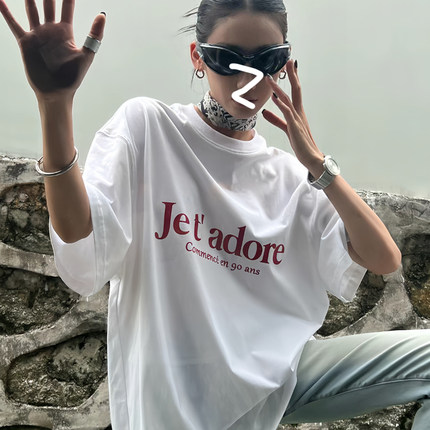 现货潮牌红色字母印花短袖白色中长款T恤女2024夏季新款宽松tee潮