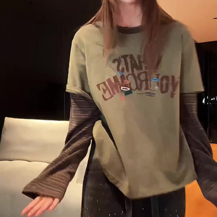 绿色字母印花短袖 上衣 t恤女秋冬设计感内搭宽松百搭打底衫