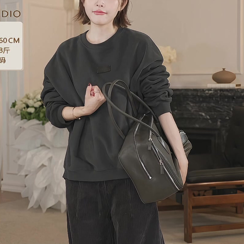 圆领无帽卫衣女款加厚2025新款秋冬季宽松慵懒风上衣