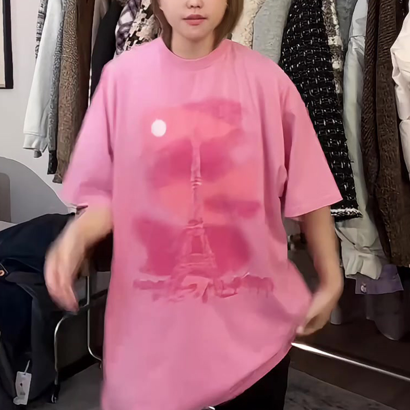 欧洲站夏季新款圆领短袖T恤宽松百搭休闲中长款上衣