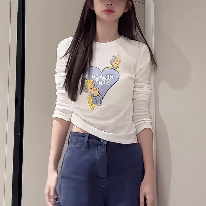 韩系爱心天使印花长袖T恤女百搭休闲简约打底衫上衣
