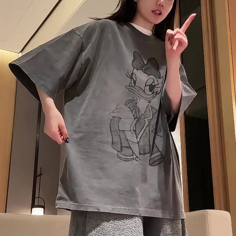 复古做旧卡通米奇家族系列印花短袖T恤春秋纯棉磨毛大码女装