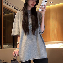 加厚2024春秋欧货宽松灰色短袖卫衣打底衫百搭T恤女上衣