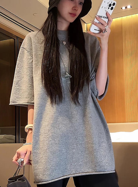 加厚2024春秋欧货宽松灰色短袖卫衣打底衫百搭T恤女上衣