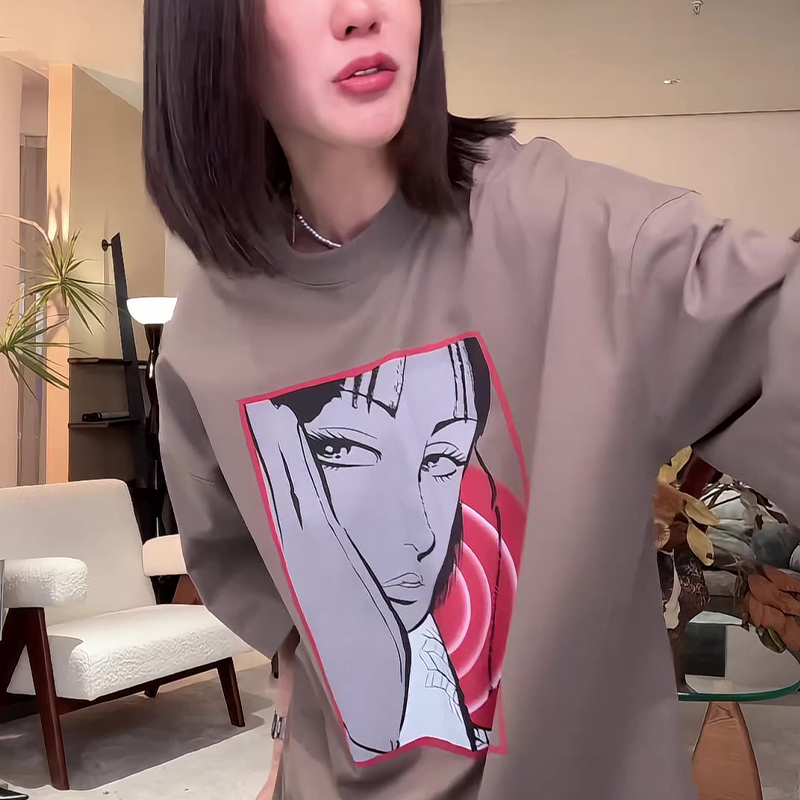 美式复古小众百搭独特潮牌漫画涂鸦印花宽松大版中长款短袖T恤女
