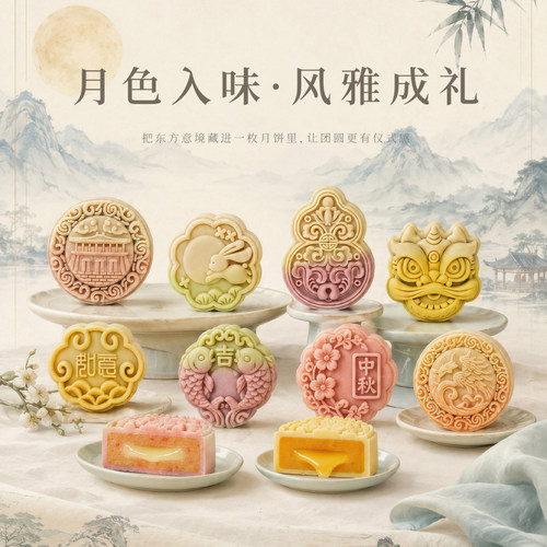 月饼双色渐变软心桃山皮中秋月饼奶黄流心月饼传统中式茶点糕点