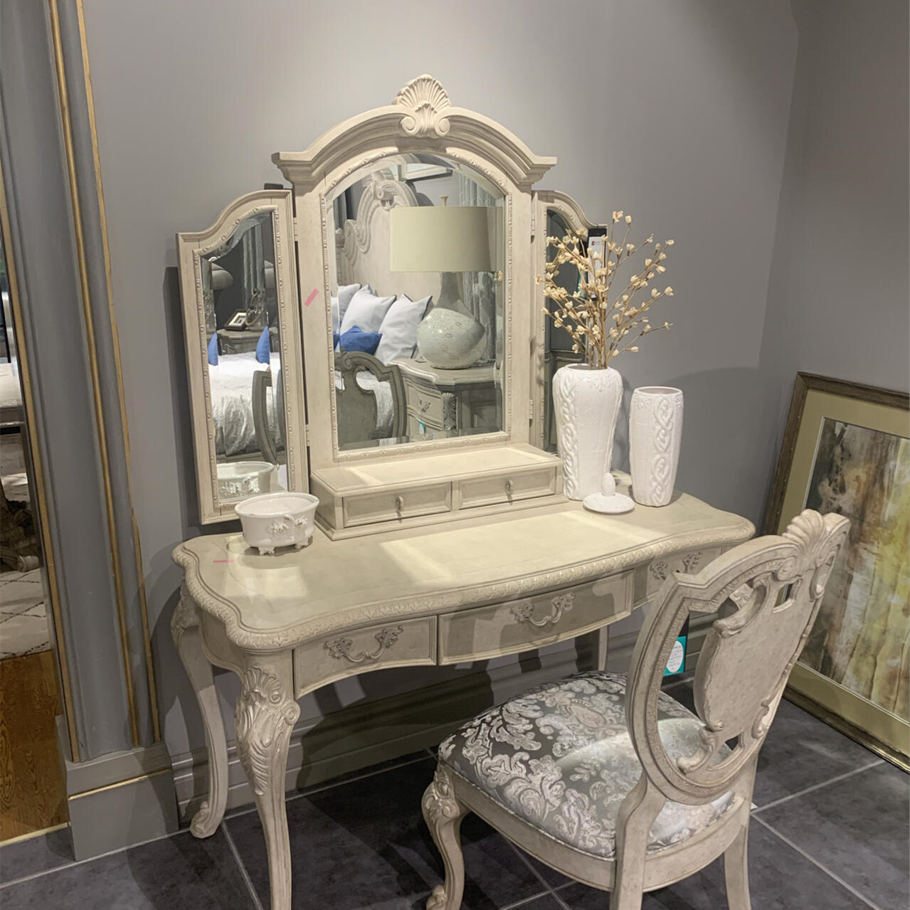 美克家具复兴印记梳妆台美式欧式实木雕花复古做旧化妆镜工厂定制