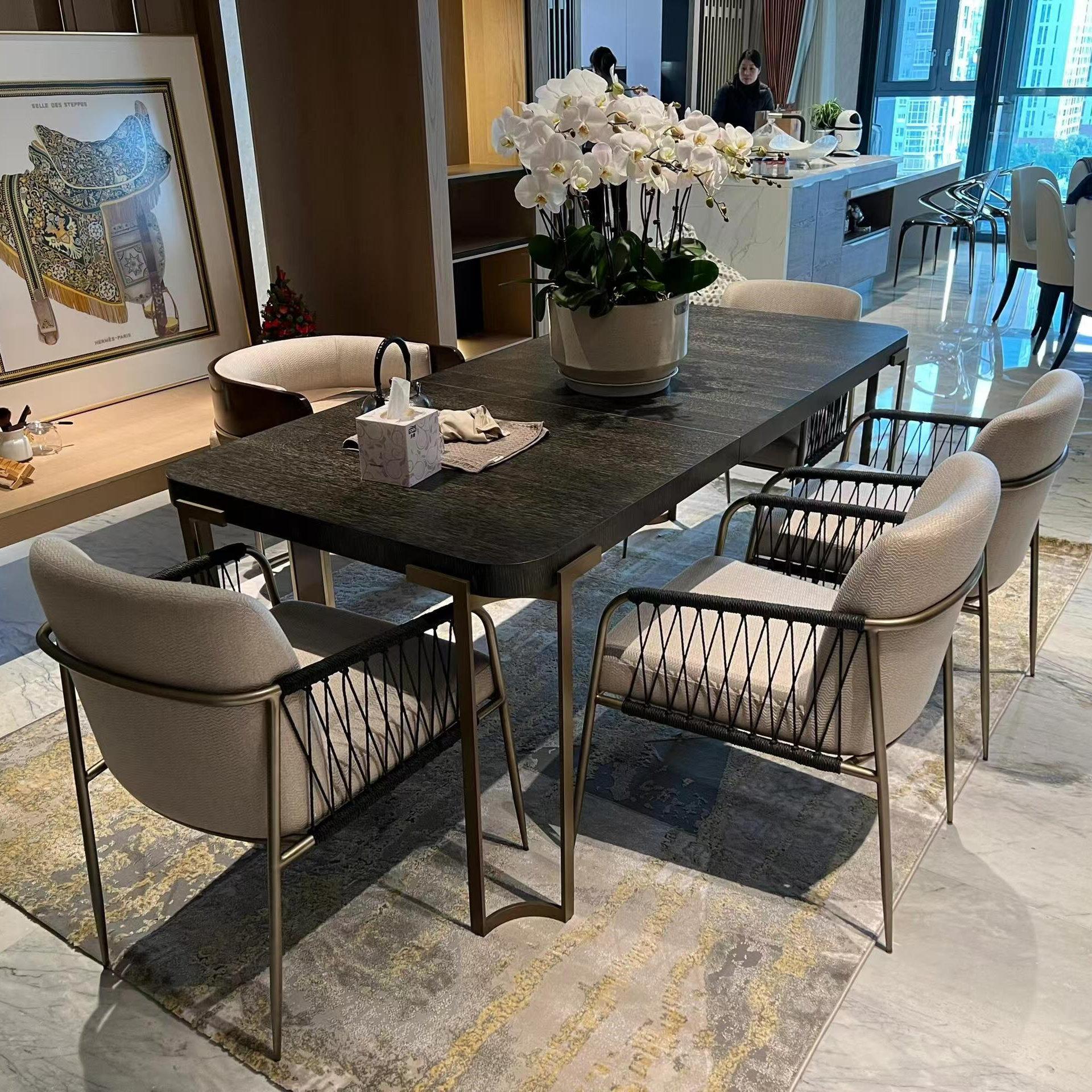 美克cara城市显影餐桌现代美式轻奢金属不锈钢长方形六人吃饭桌