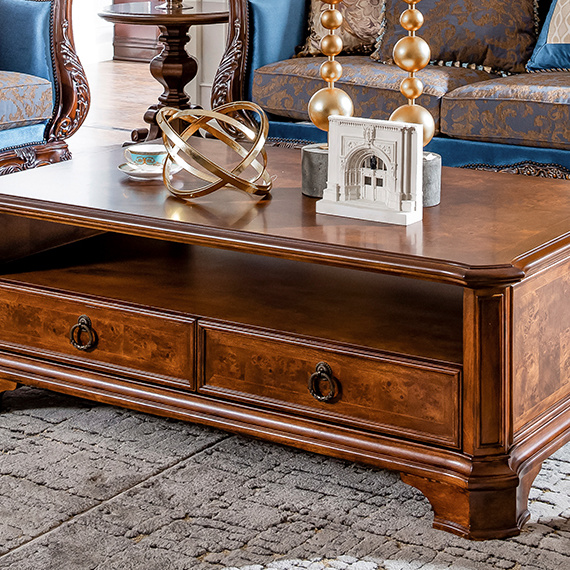 美式休闲乡村古典风全实木雕花茶水桌精致FINE经典长茶几带抽屉柜