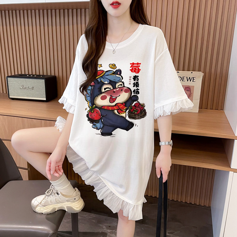 夏季宽松中长款假两件短袖T恤裙女韩版时尚百搭卡通洋气减龄上衣