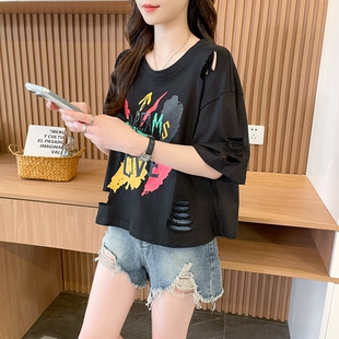 夏季新款美式复古涂鸦破洞短袖T恤女小个子宽松百搭短款圆领上衣