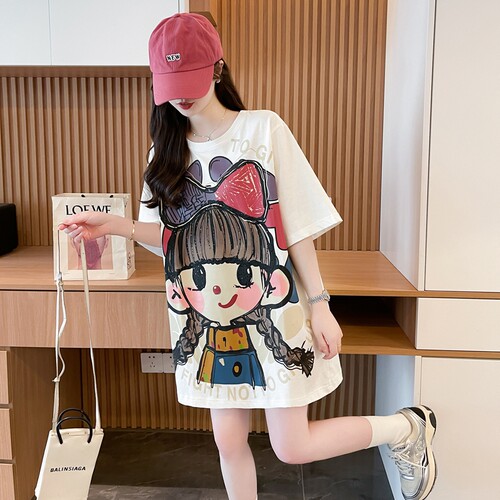 短袖T恤女2025新款纯棉夏季宽松大码减龄中长款潮牌卡通印花上衣