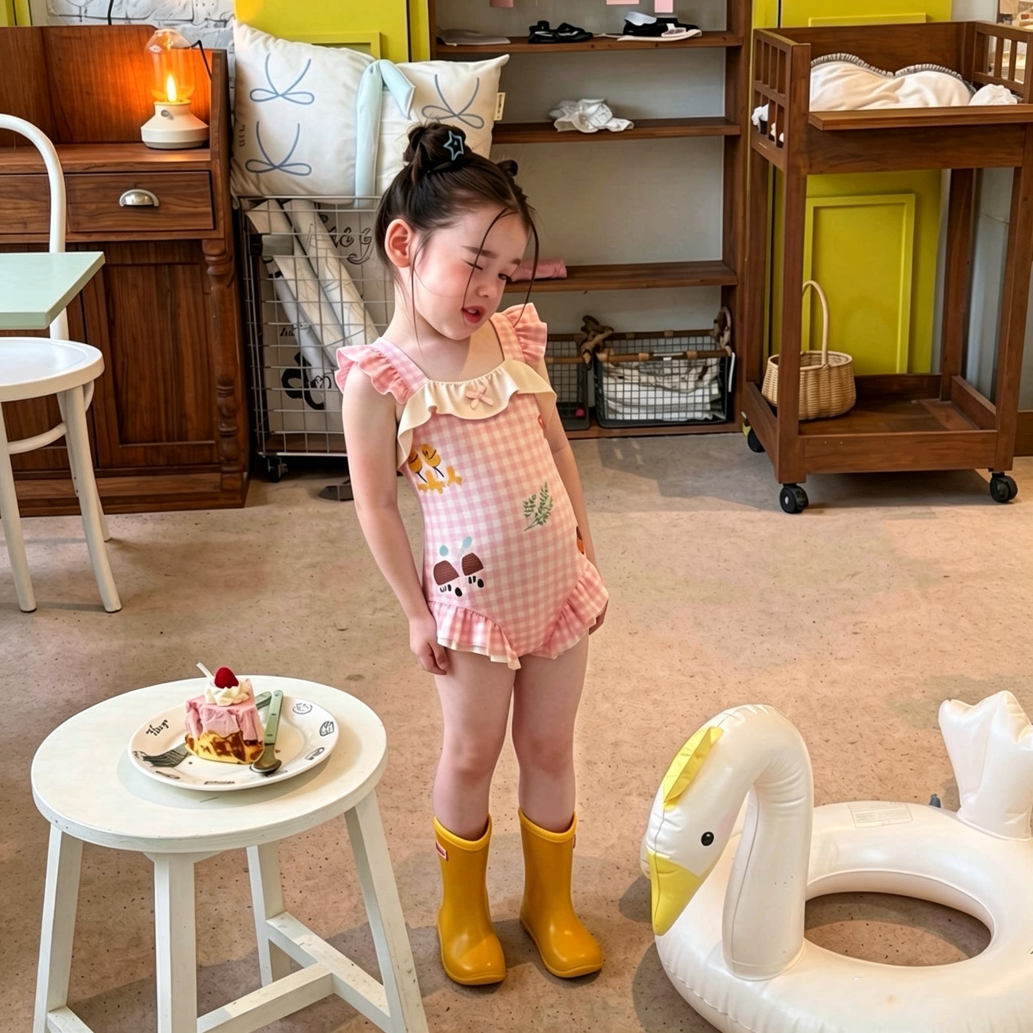 女宝高颜值连体花边格子泳衣夏季2026新款儿童女孩薄款粉色游泳装