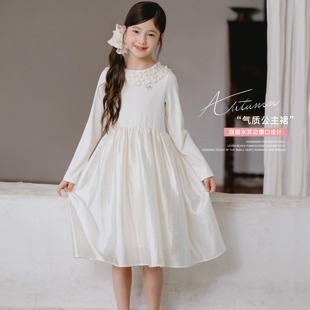 女童连衣裙秋季新款生日公主礼服裙儿童长袖白月光沙滩长裙高级感