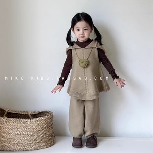 秋冬新款女童连帽马甲毛衣套装休闲韩版儿童针织阔腿裤两件套大童