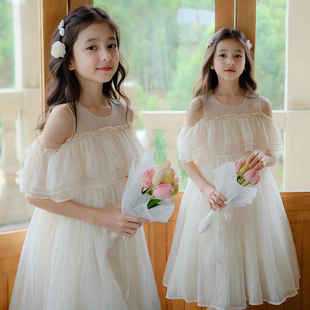 2026新款女童蓬蓬纱生日礼服公主裙中大童洋气女孩温柔一字肩长裙