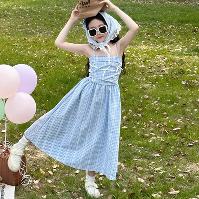 女童纯棉连衣裙2025新款儿童夏装公主裙女孩中大童吊带裙格子长裙
