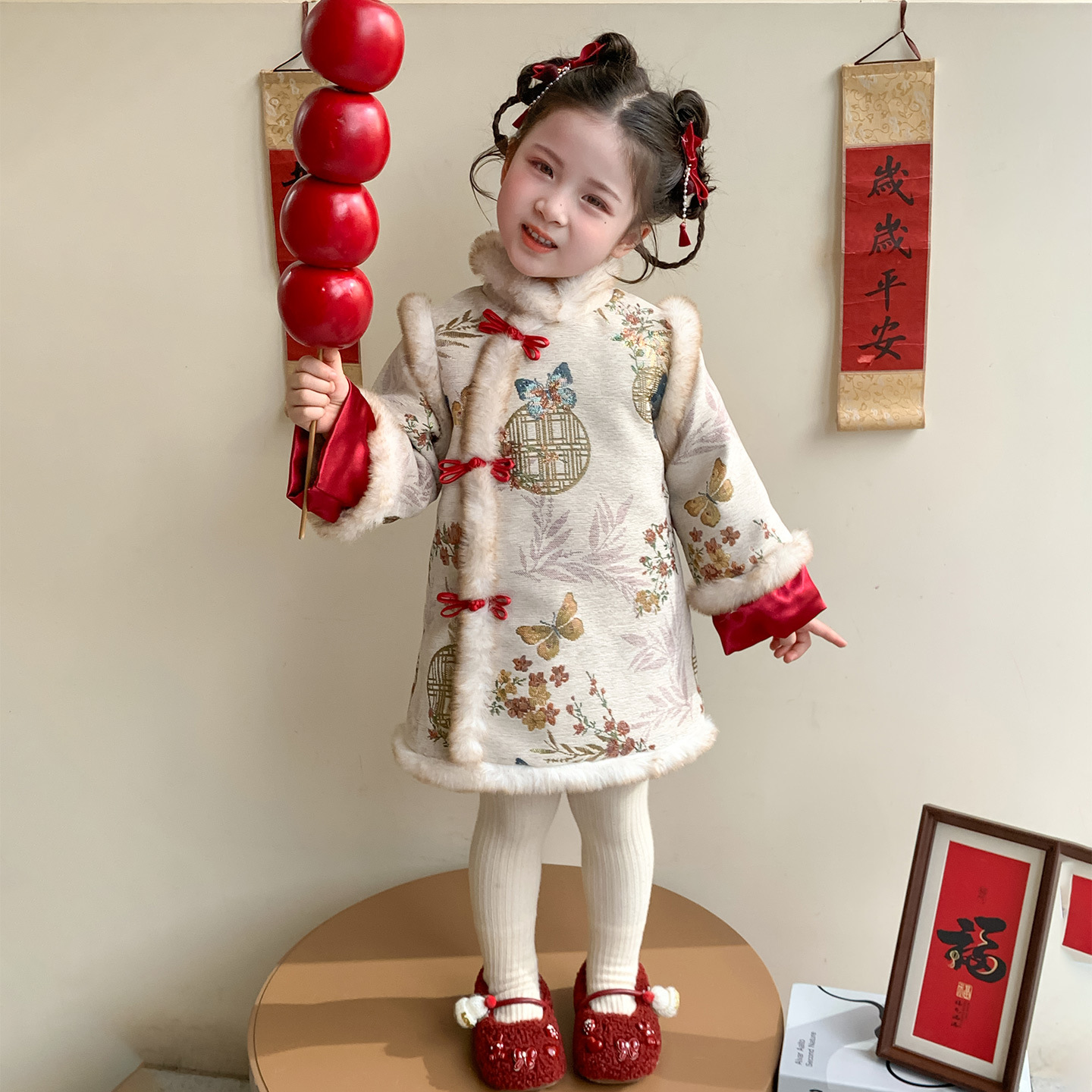 女童冬季国风连衣裙加绒加厚唐装女宝宝中国风旗袍裙周岁拜年服冬