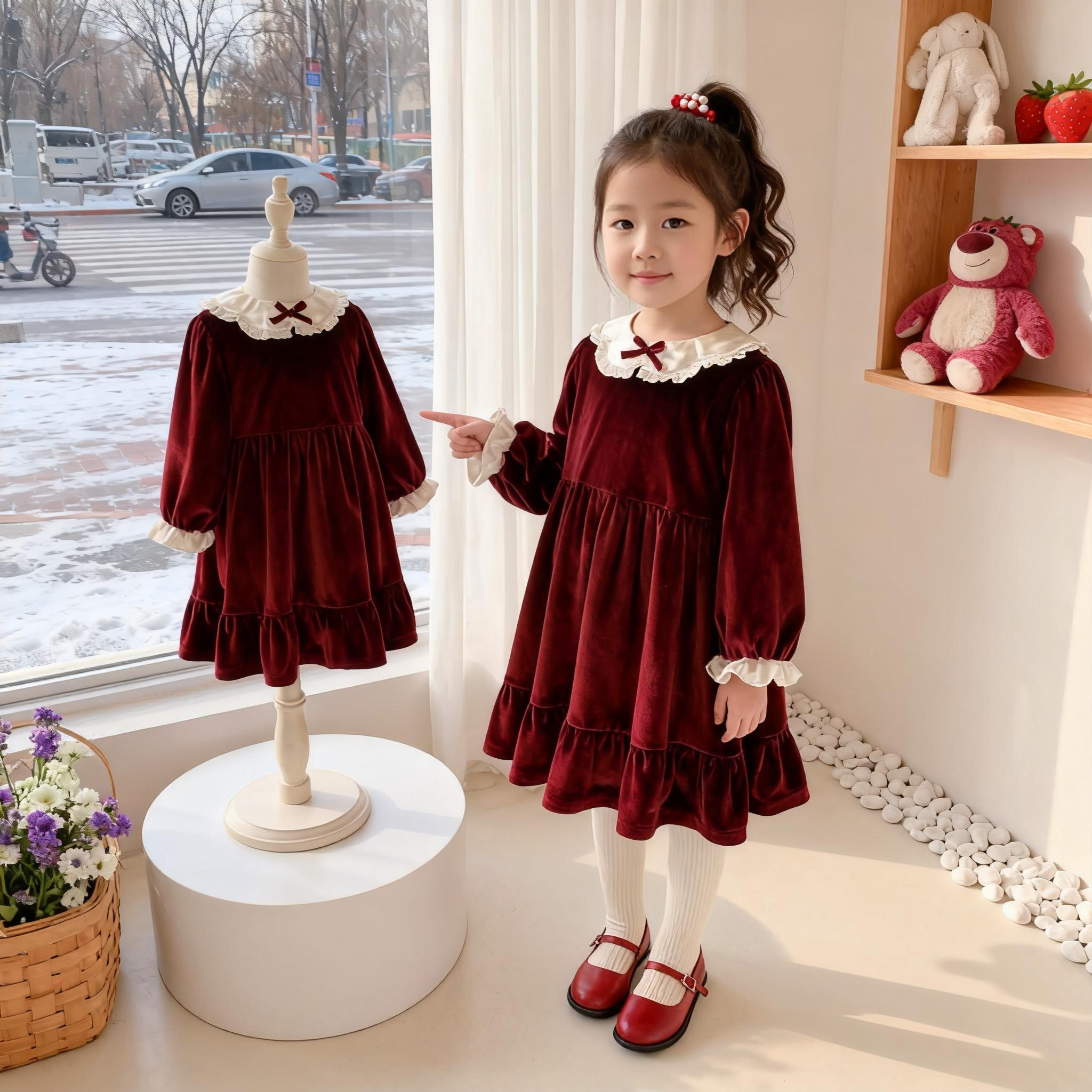 女童娃娃领丝绒连衣裙韩版长袖红色公主裙秋冬加绒加厚过年拜年裙