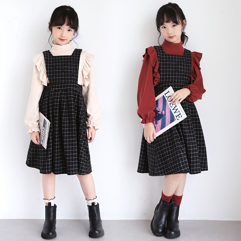 2023女童格子连衣裙秋冬装儿童加厚背带裙女宝宝毛呢背心裙两件套