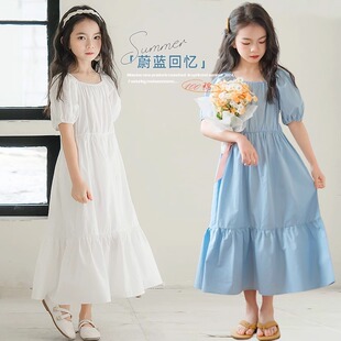 2025夏装新款女童纯棉连衣裙纯白色公主裙长裙儿童纯棉度假沙滩裙
