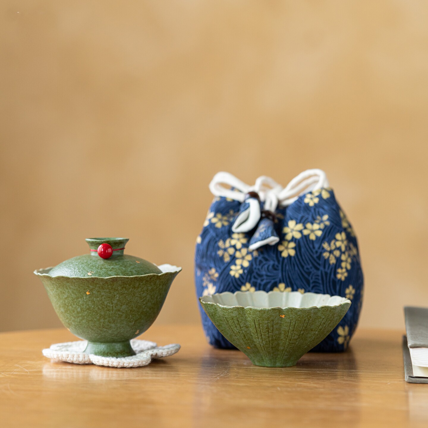 绿釉洒金盖碗一杯高颜值主人杯家用复古旅行茶具陶瓷茶杯单杯