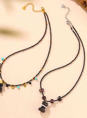 珞石新中式黑尖晶石猫狗锁骨链女