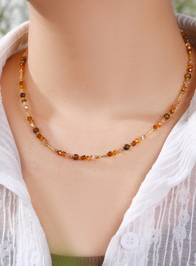 珞石茶晶虎眼串珠锁骨链女款新款