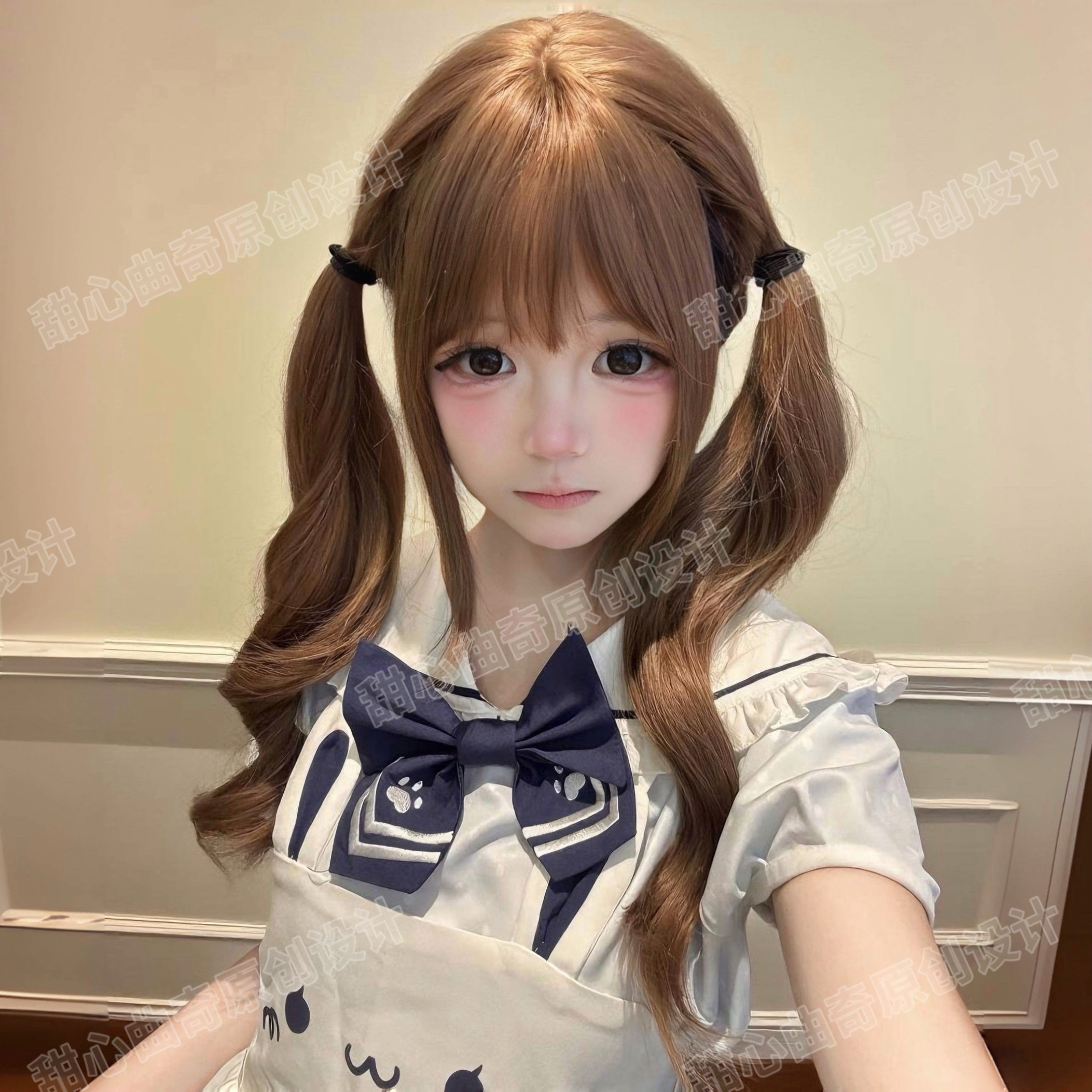 55cm罗马卷甜心曲奇原创定制假发亚麻色卷发双马尾逼真软妹平刘海