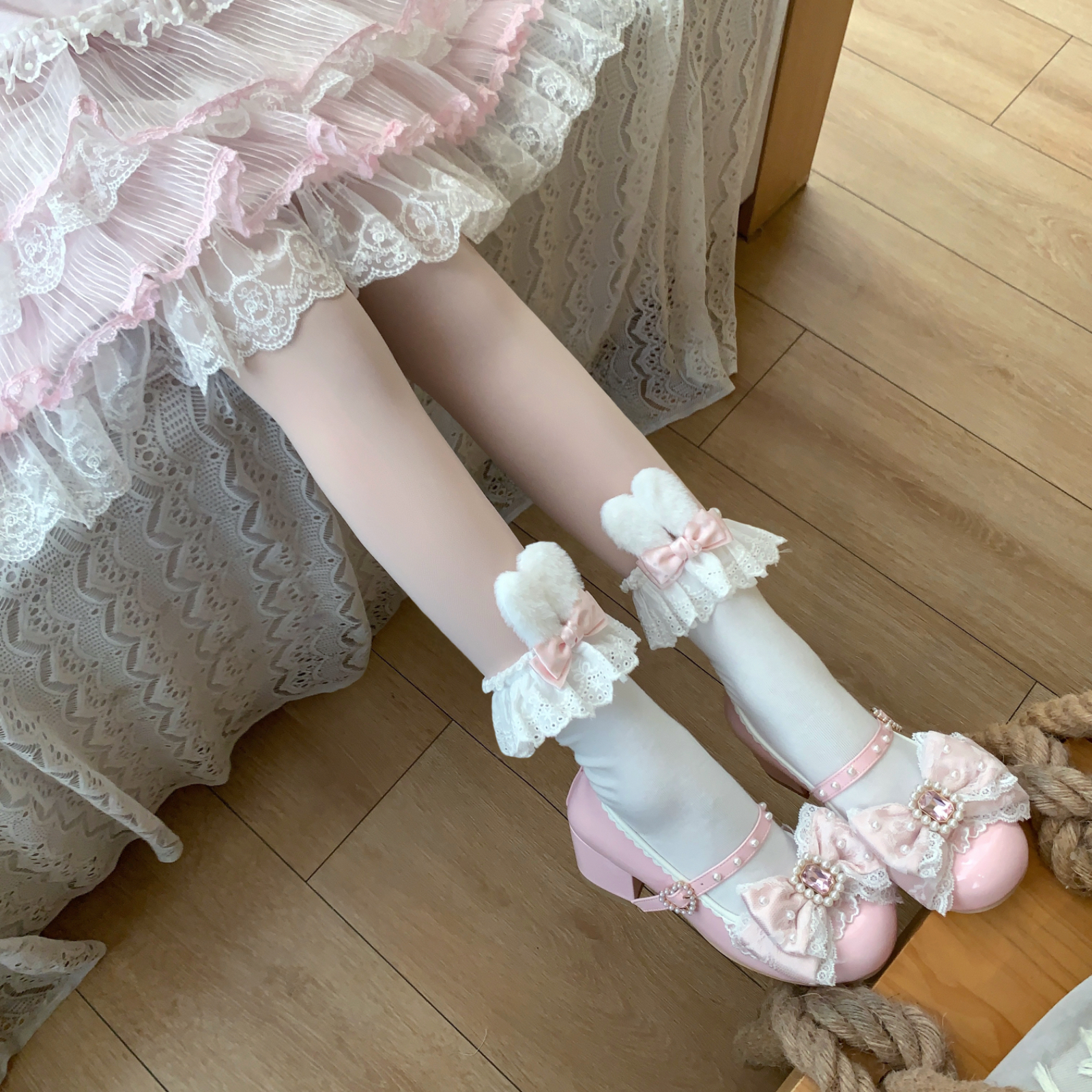【88包邮】日制进口丝带波点兔耳朵蝴蝶结花边袜甜心曲奇Lolita袜