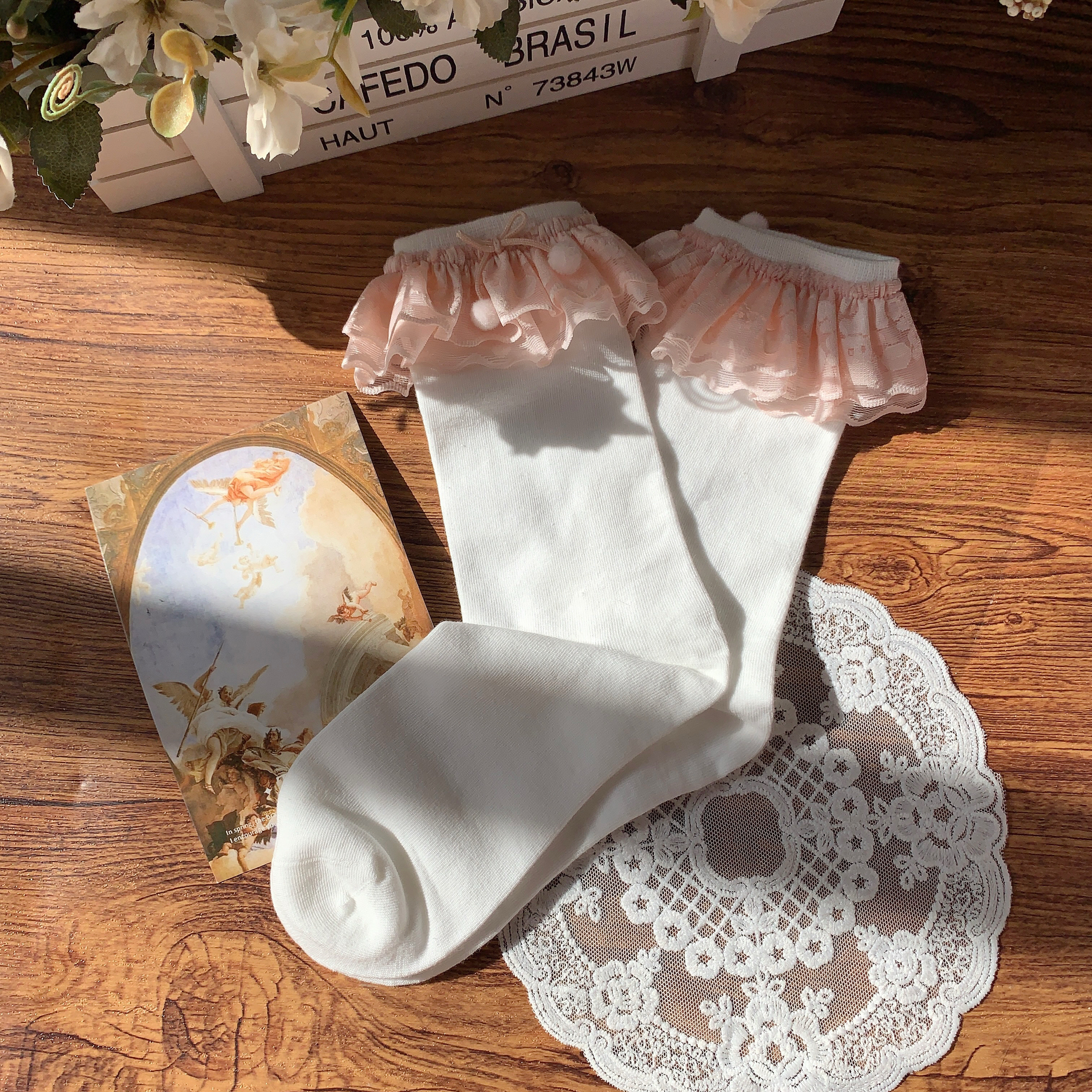 【88包邮】日版花边气球小熊双层花边袜甜心曲奇百搭lolita蕾丝白