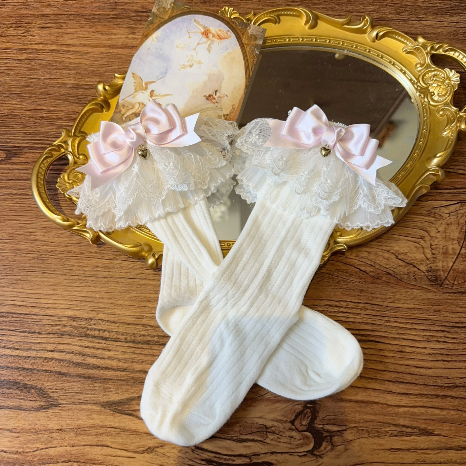 【88包邮】日制进口丝带双层蕾丝花边中筒袜甜心曲奇原创Lolita女