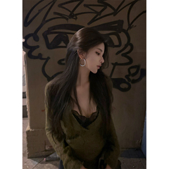 夏媛原创 清冷骨感 绿色针织毛衣微透薄款休闲百搭上衣+蕾丝背心