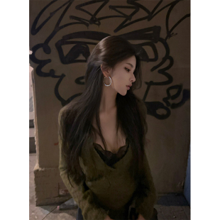 休闲百搭上衣 绿色针织毛衣微透薄款 蕾丝背心 清冷骨感 夏媛原创