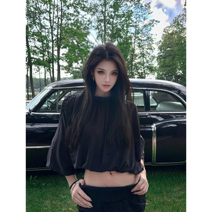 暗黑骑士 宽松百搭套头女装 翻边打褶泡泡袖 新款 上衣秋季 夏媛原创