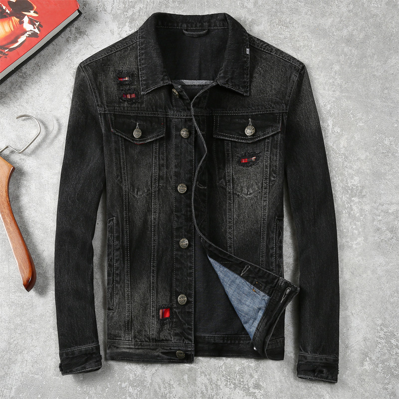 卡威酷潮男秋装新款个性破洞牛仔夹克男时尚潮流修身牛仔上衣外套