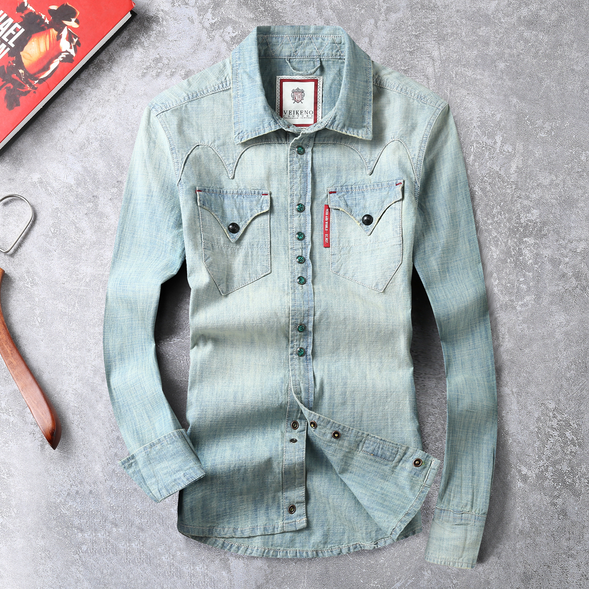 卡威酷潮男春秋双口袋水洗牛仔衬衫简约休闲男士长袖衬衣薄帅上衣