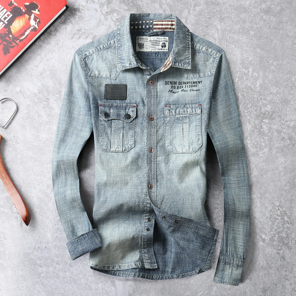 卡威酷潮男秋新款立领绣标水洗牛仔衬衫流行男士长袖衬衣修身上衣