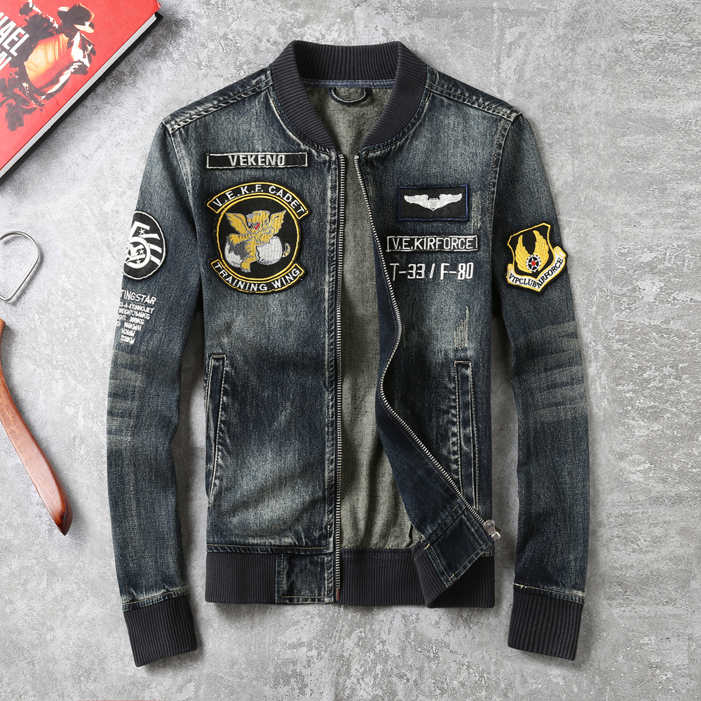 卡威酷 型男美式硬汉风格水洗做旧磨白牛仔夹克潮流绣标修身上衣