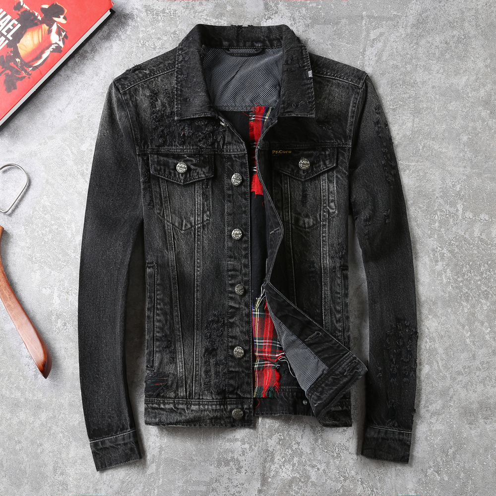 卡威酷翻领水洗做旧牛仔夹克男士韩版青春潮流行型男修身外套黑