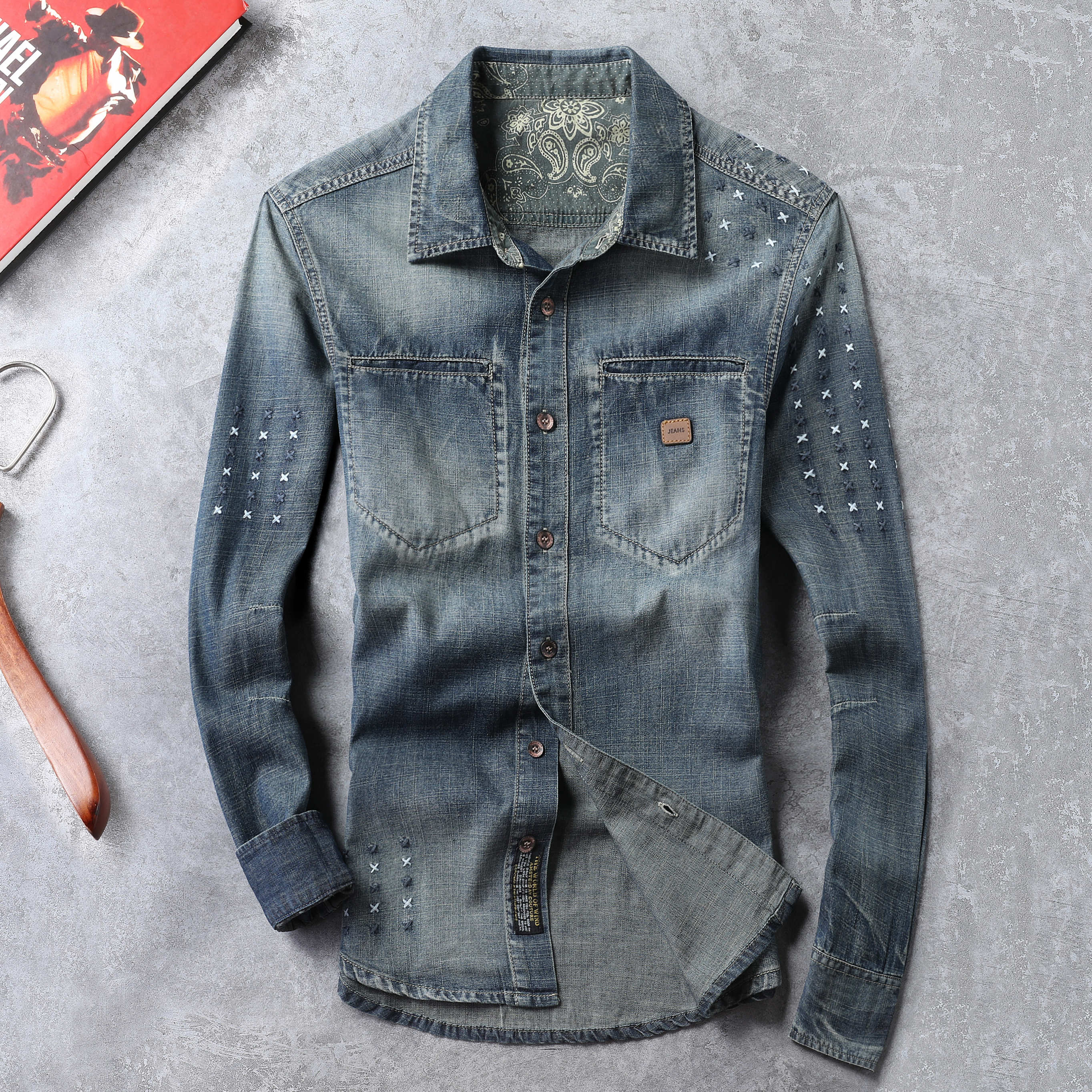 卡威酷 潮男春秋欧美水洗牛仔衬衫男士长袖衬衣型男修身刺绣星星