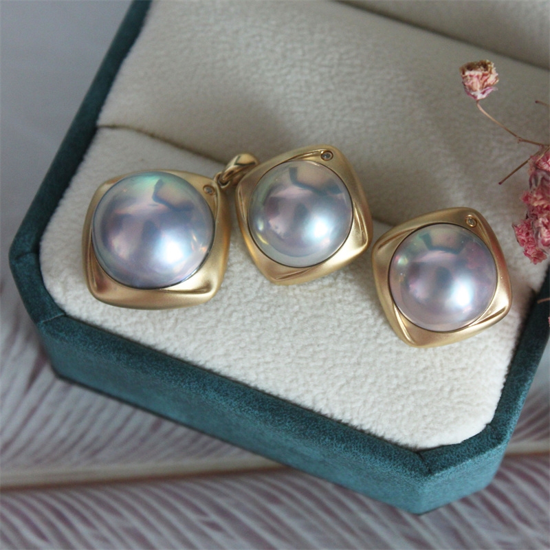 时尚厚金方形款星空蓝海水马贝珍珠耳钉吊坠18K黄金色套装钻石镶