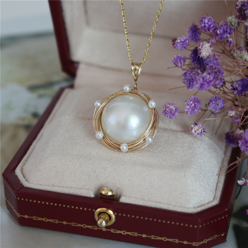 14k注金海水马贝珍珠吊坠纯手工编织女款毛衣链麻花简约大气现货