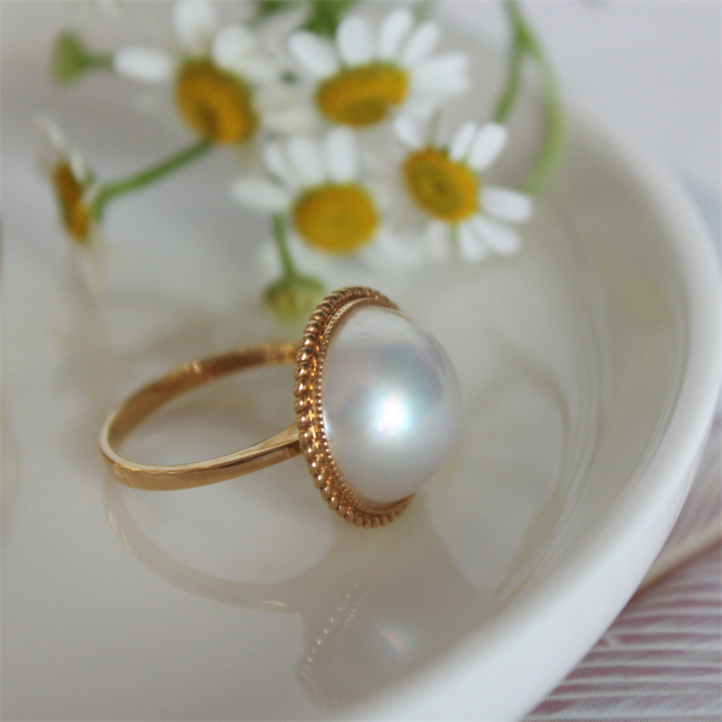 18K黄金色海水马贝珍珠戒指14-15mm白透粉亮厚金麻花镶食指戒正品