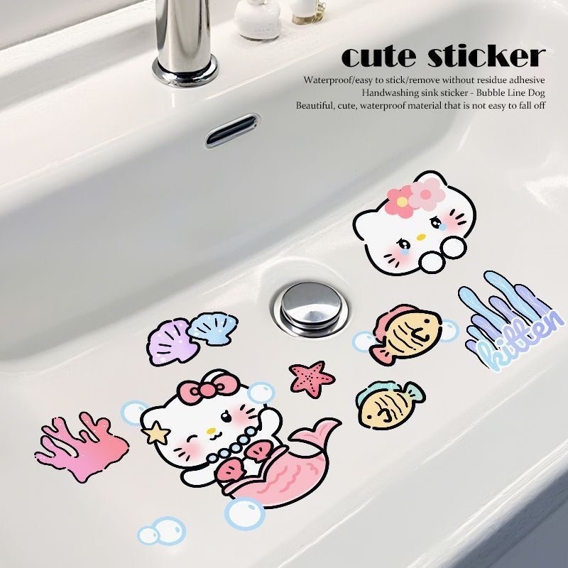 卡通kt猫卫贴生间浴室厨房瓷砖贴纸遮丑洗手台洗手池防水贴纸画