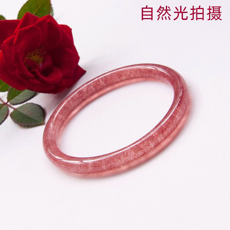 天然草莓晶手镯稀有无暇鸽血红冰透粉红水晶圆条玉镯子民族风饰品